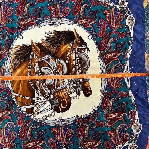 Equestrian Paisley Scarf Horse Motif Silk Feel 29x31 Blue Brown - Picture 3 of 6